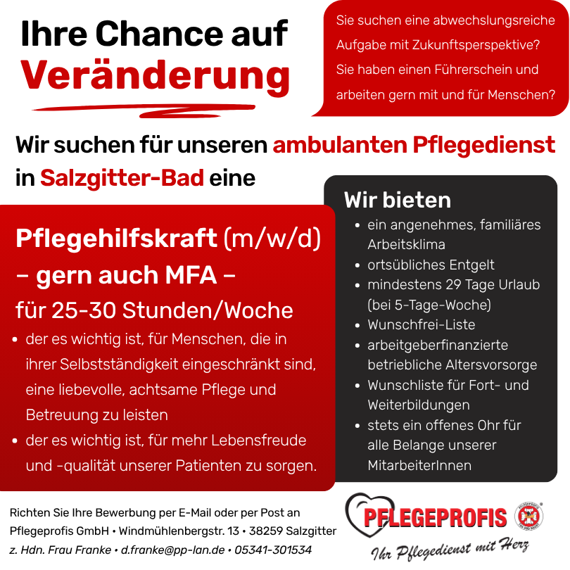 Pflegehilfskraft (m/w/d) in Salzgitter-Bad gesucht