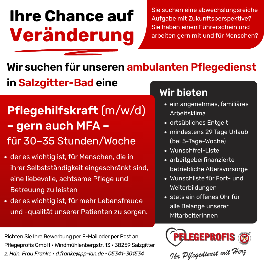 Pflegehilfskraft (m/w/d) in Salzgitter-Bad gesucht